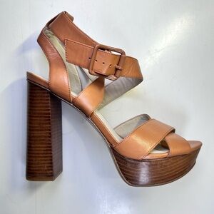 Nine West 70s Inspired Block Heel Tan Leather Strappy Platform Sandals Size 7.5M
